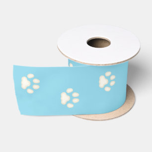 Ruban En Satin Empreintes de pattes de chats marchant sur bleu cl