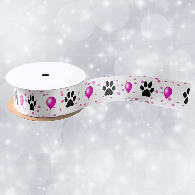 Ruban En Satin Empreintes de pattes de chatte en silhouette noire (black cat paw prints, bright pink balloons  and polka dots on gift wrap or decorative ribbon.)