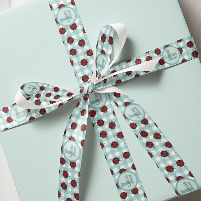 Ruban En Satin En vichy monogramme de coccinelle et turquoise (Monogrammed Hand-Drawn Ladybugs on Cute Turquoise Gingham for Kids, for Boy, for Girl.)