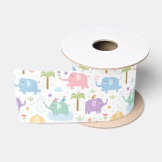 Ruban En Satin Enfants Eléphants Joyeux Pastel Rose Bleu Vert