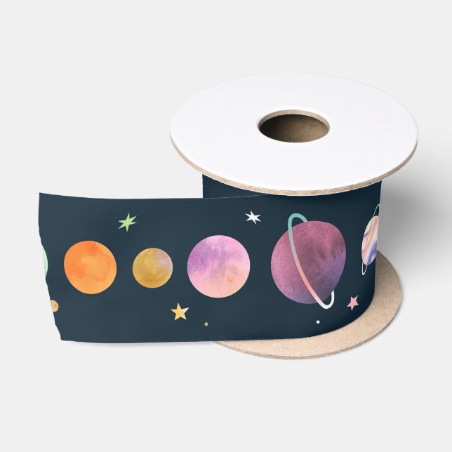 Ruban En Satin Espace Planètes Étoiles Lune Galaxie Aquarelle (Bobine)