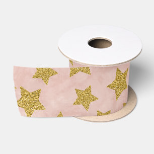 Ruban En Satin Étoile scintillante dorée de Noël sur fond rose aq