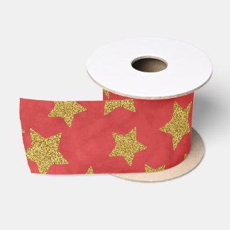 Ruban En Satin Étoile scintillante dorée de Noël sur fond rouge a