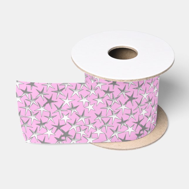 Ruban En Satin Etoiles d'argent sur Pastel Pink (Bobine)