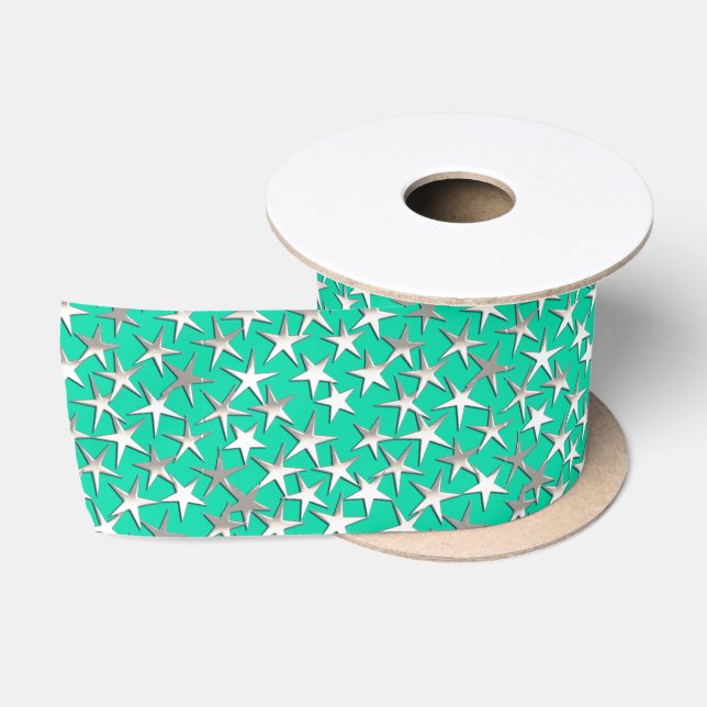 Ruban En Satin Etoiles d'argent sur Turquoise (Bobine)