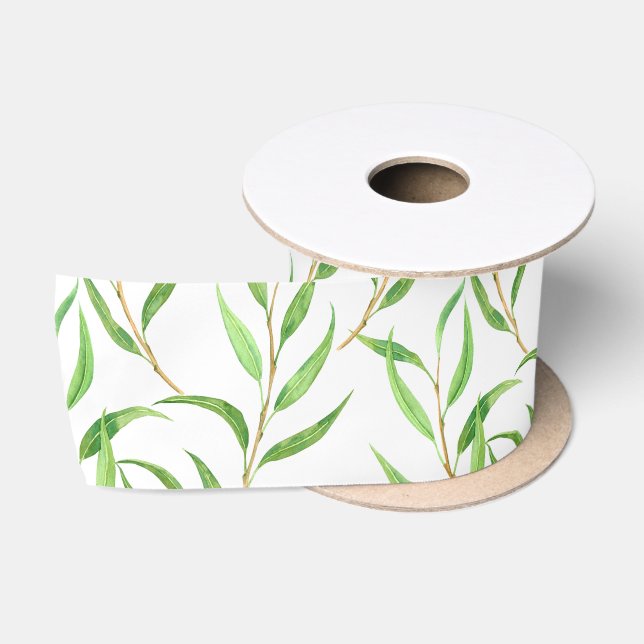 Ruban En Satin Eucalyptus motif aquarelle sur blanc (Bobine)