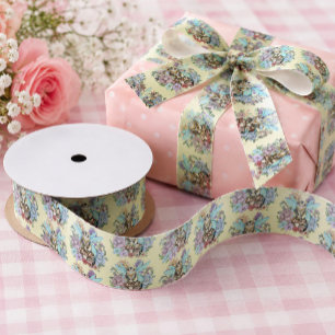Ruban En Satin Fantaisie Pastel Chat Féerique Tigré Floral