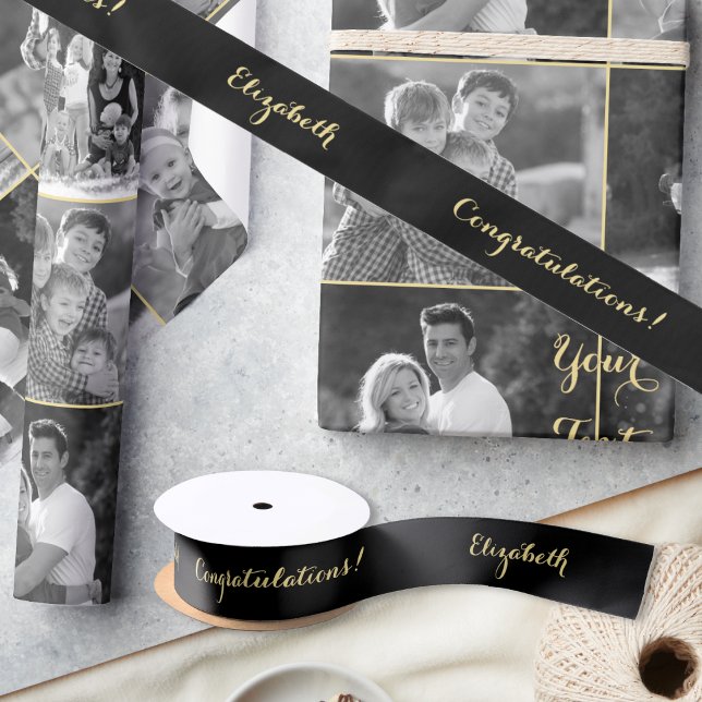 Ruban En Satin Félicitations élégantes Graduation Black Faux Gold (Stylish Congratulations Graduation Black Faux Gold Satin Ribbon)