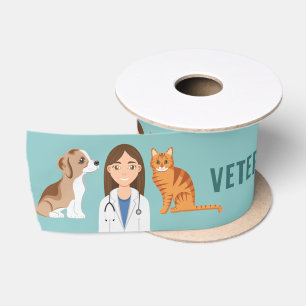 Ruban En Satin Femme Vétérinaire Avec Chien Chiot Et Chat Bleu