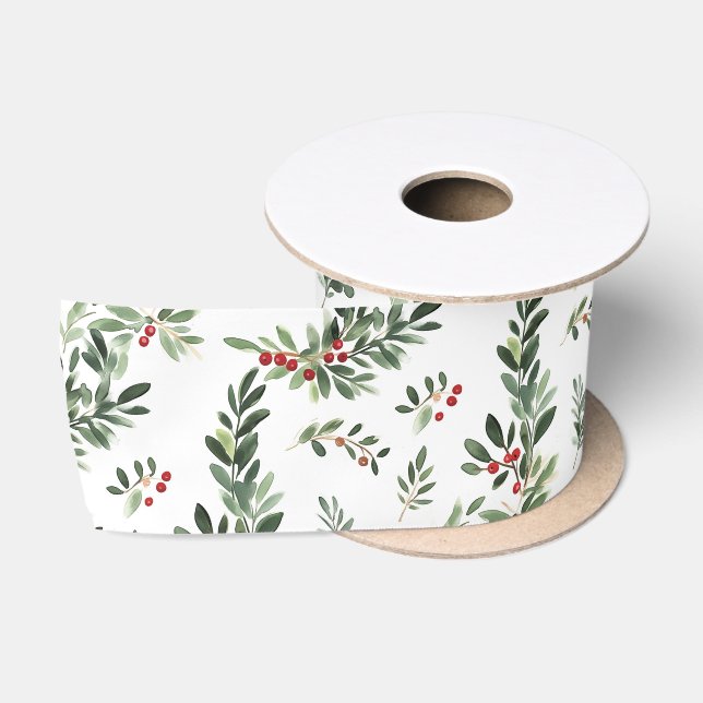Ruban En Satin Festif Noël Foliage Aquarelle Style Vacances (Bobine)