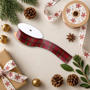 Ruban En Satin Festif Rouge Vert Jacquard Plaid Motif vacances