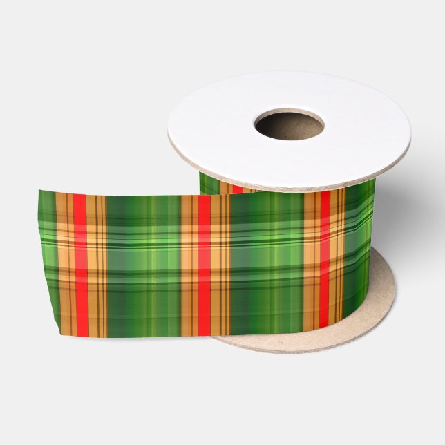 Ruban En Satin Festif Vert, Rouge & Or Plaid (Tartan) Rib satiné (Bobine)
