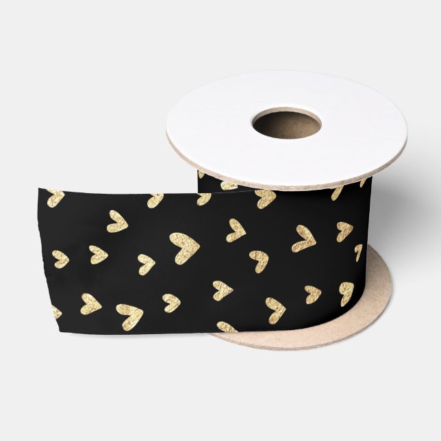 Ruban En Satin Festive Holiday Black Gold Hearts Satin Ribbon (Bobine)
