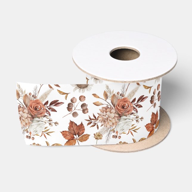 Ruban En Satin Feuillage de automne floral en terre cuite rouille (Bobine)