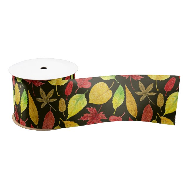 Ruban En Satin Feuilles d'automne aquarelle foncée (Bobine)