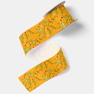Ruban En Satin Feuilles de Joyeux Noël sur fond or jaune 