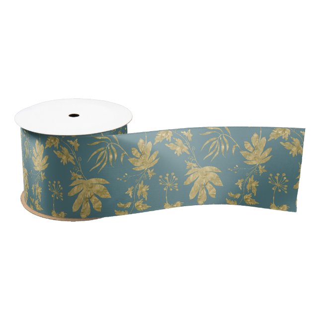 Ruban En Satin Feuilles d'or Bleu Vert Mariage  (Bobine)