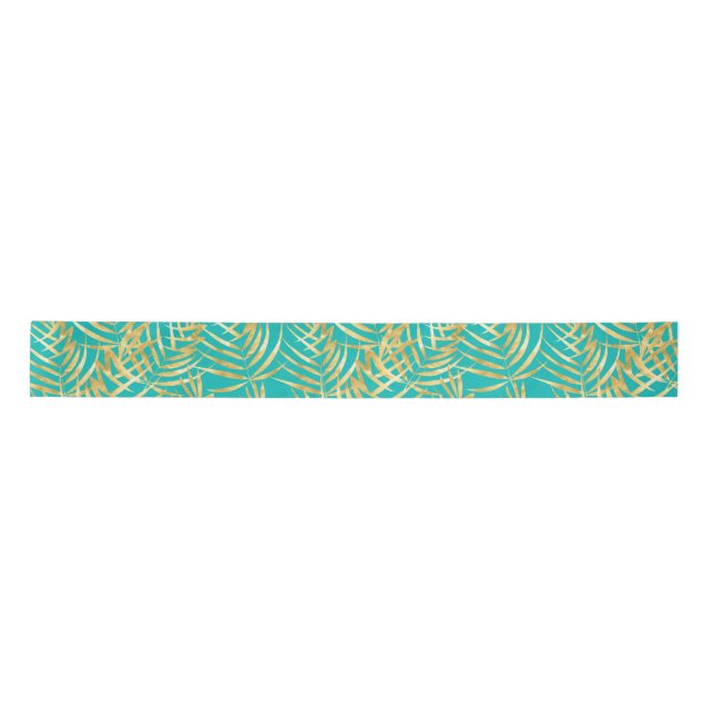 Ruban En Satin Feuilles Gold Palm sur Turquoise (Devant)