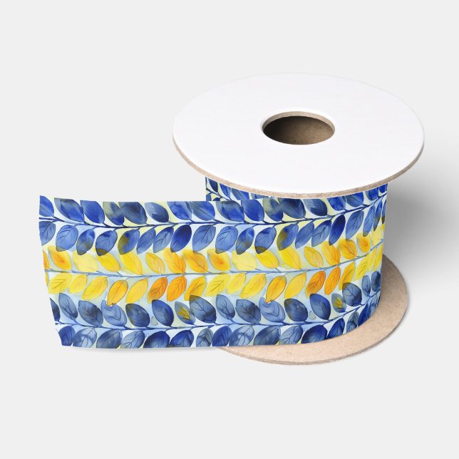 Ruban En Satin Feuilles jaune et bleu (Bobine)
