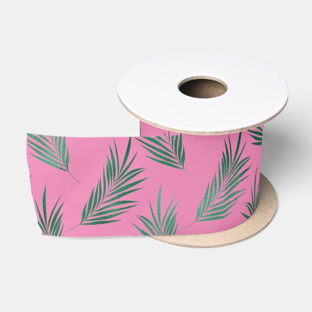 Ruban En Satin Feuilles tropicaux verts roses (Bobine)