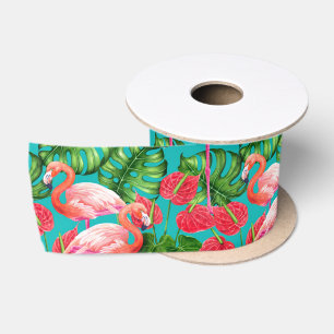 Ruban En Satin Flamant rose et aquarelle du jardin tropical