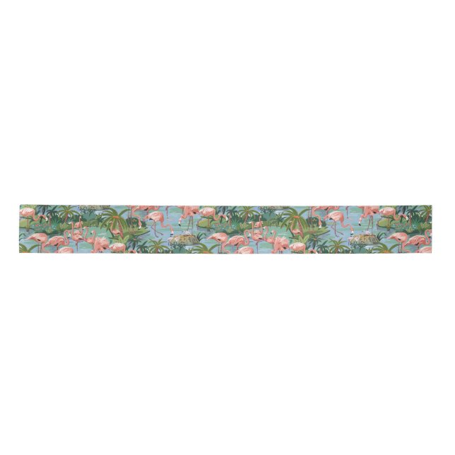Ruban En Satin Flamants roses roses dans un ruban tropical bleu l (Devant)