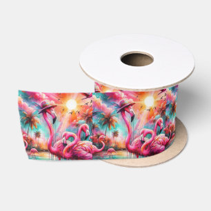 Ruban En Satin Flamants roses roses tropicaux Palmiers Flamant ro