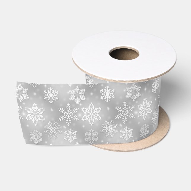 Ruban En Satin Flammes De Neige Blanches Sur Argent (Bobine)