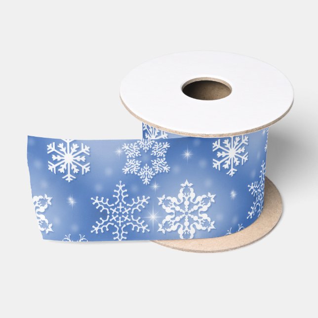 Ruban En Satin Flammes De Neige Sur Le Bleu D'Hiver (Bobine)