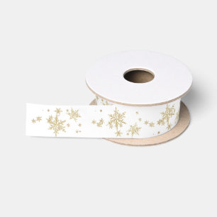 Ruban En Satin Fléchettes de neige Gold Winter en blanc