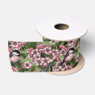 Ruban En Satin Fleur de cerisiers et poulets verts
