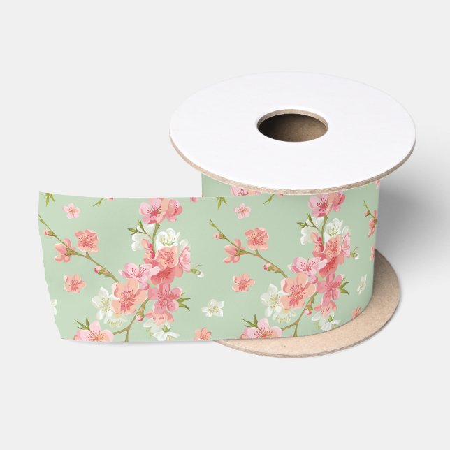 Ruban En Satin Fleur de cerisiers, menthe, jade, tendance, beau,  (Bobine)