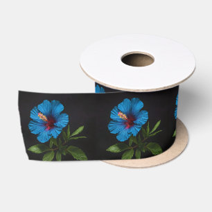 Ruban En Satin Fleur D'Hibiscus Bleu Sur Noir,