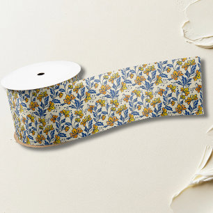 Ruban En Satin Fleur Florale Vintage Jaune Orange Bleu Feuille