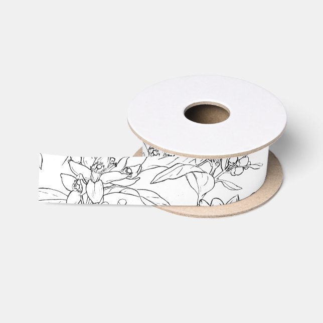 Ruban En Satin Fleur orange dessin sur blanc (Bobine)
