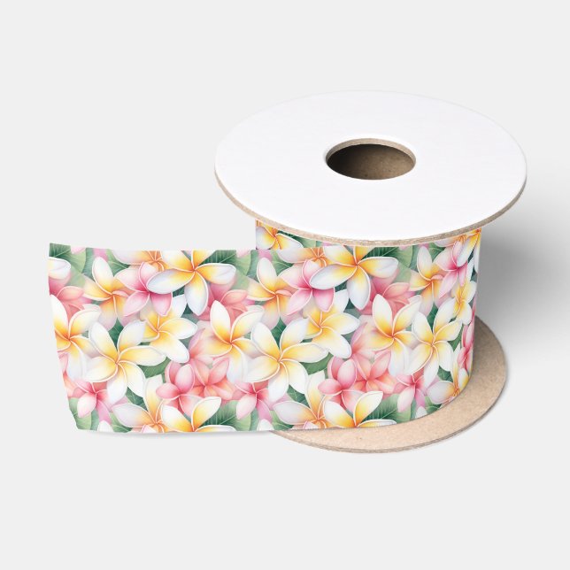 Ruban En Satin Fleur Plumeria rose et blanc (Bobine)