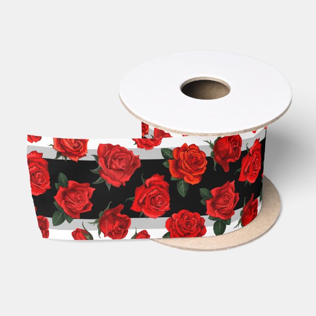 Ruban En Satin Fleur rouge | Blanc rouge et noir (Bobine)