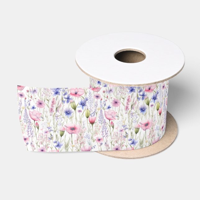 Ruban En Satin Fleur sauvage de couleur aquarelle (Bobine)