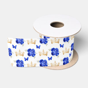 Ruban En Satin Fleurs Bleu Royal et Couronnes d'Or