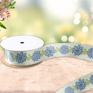 Ruban En Satin Fleurs Bleues Élégantes Floral de Printemps