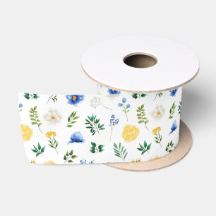 Ruban En Satin Fleurs bleues et jaunes avec Motif de feuillage