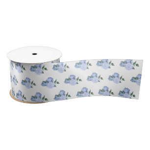 Ruban En Satin Fleurs bleues et Motif verdoyant