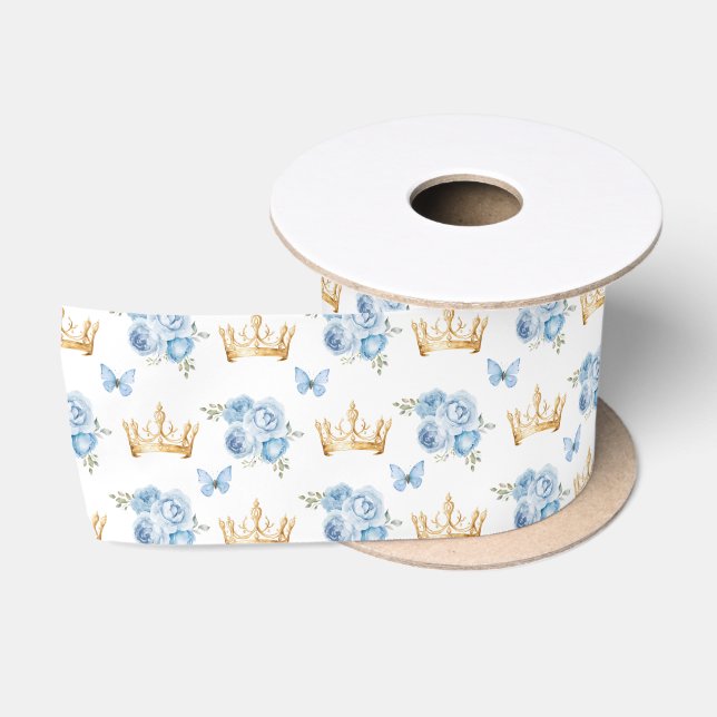 Ruban En Satin Fleurs bleues Lilac et Couronnes d'or (Bobine)