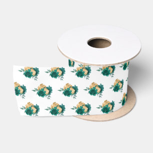 Ruban En Satin Fleurs bleues turquoises et Motif vert