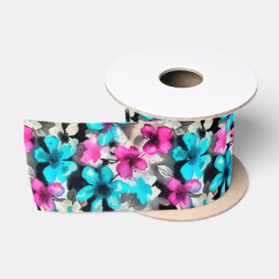 Ruban En Satin Fleurs d'aquarelle bleu rose blanc