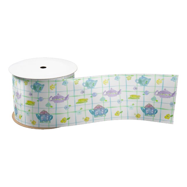 Ruban En Satin Fleurs d'aquarelle de Teapots violets (Bobine)