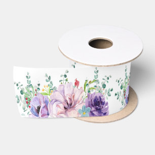 Ruban En Satin Fleurs d'aquarelle violette et rose