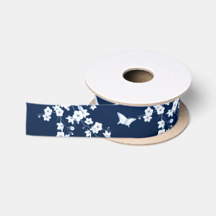 Ruban En Satin Fleurs de cerisier navales bleu blanc