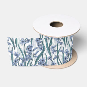 Ruban En Satin Fleurs de Hyacinth rose sur blanc naturel
