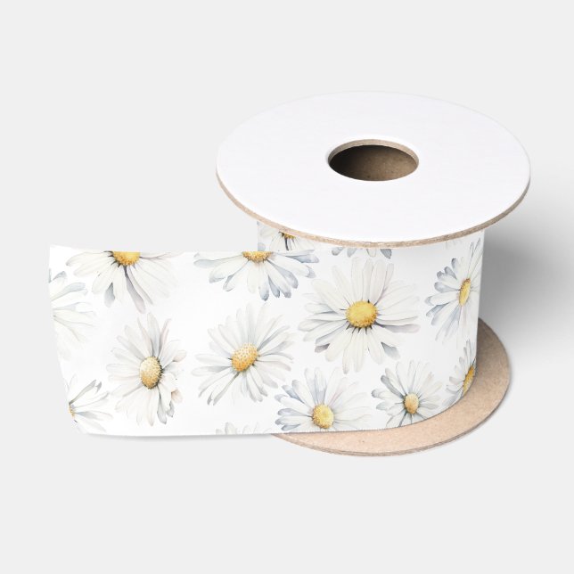 Ruban En Satin Fleurs de marguerite blanche fond modifiable coule (Bobine)